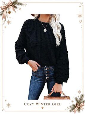 Women's Knitted Pullover Sweater Crew Neck Long Puff Sleeve Loose Fit